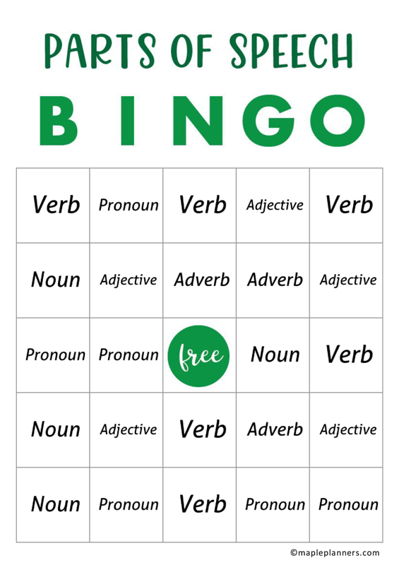 Parts of Speech Bingo