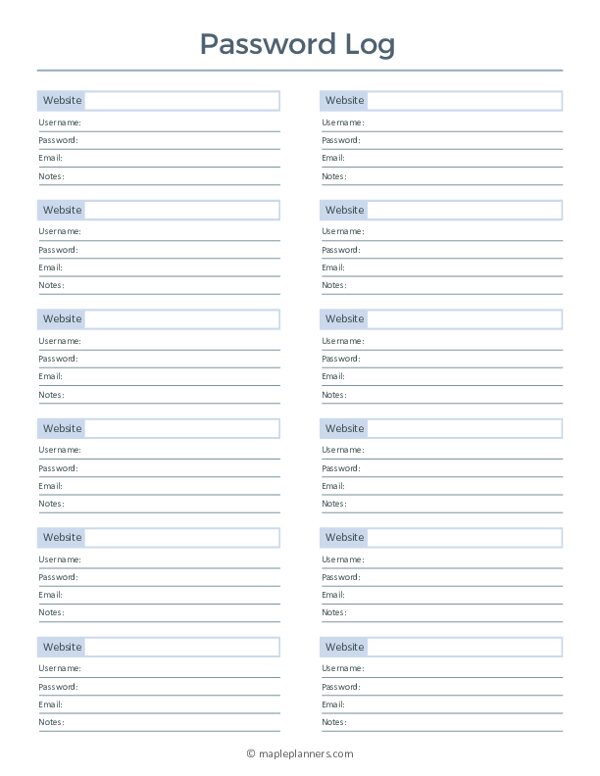 Free Printable Password Log Template