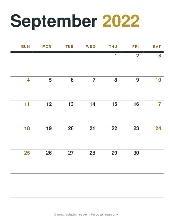 September 2022 Monthly Calendar