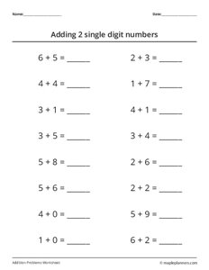 Grade 1 Single Digit Addition Worksheet 