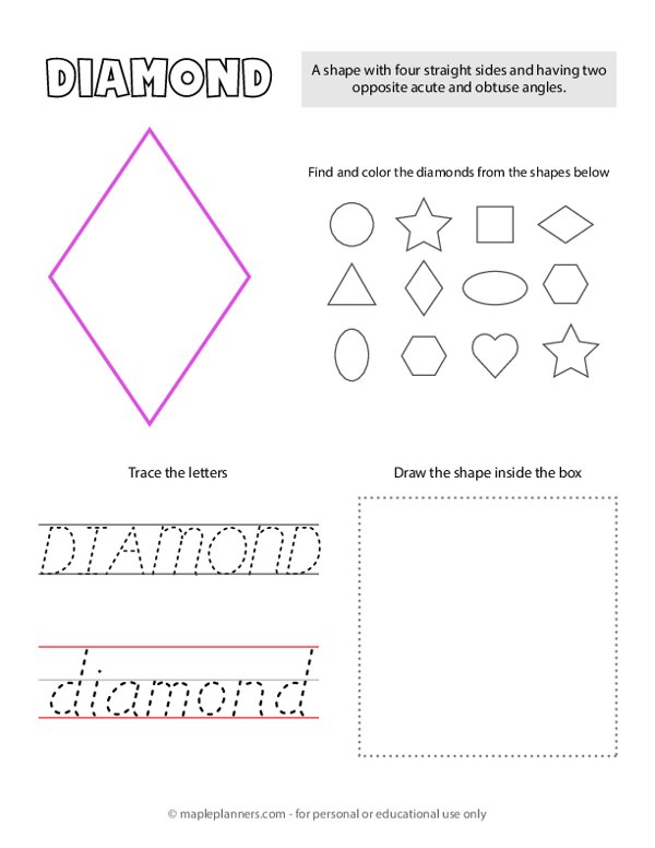 Diamond Or Rhombus Shape Tracing And Coloring Worksheet
