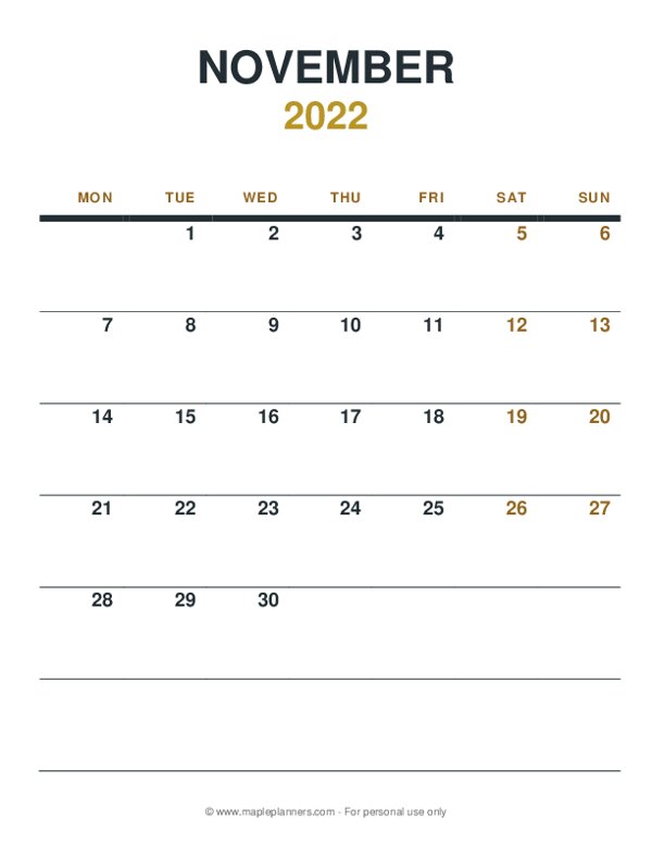 November 2022 Monthly Calendar - Monday Start