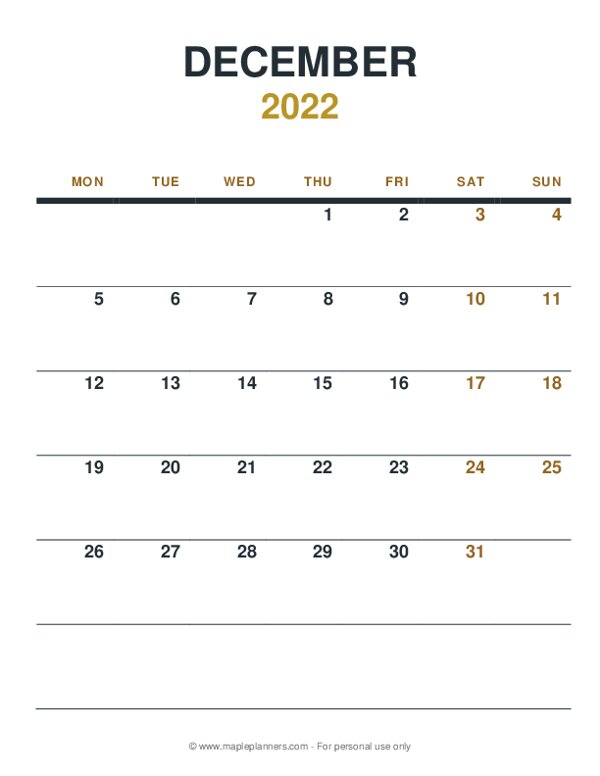 December 2022 Monthly Calendar - Monday Start