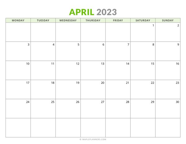 April 2023 Monthly Calendar (Monday Start)