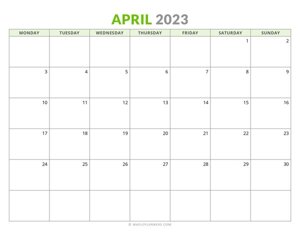April 2023 Monthly Calendar (Monday Start)