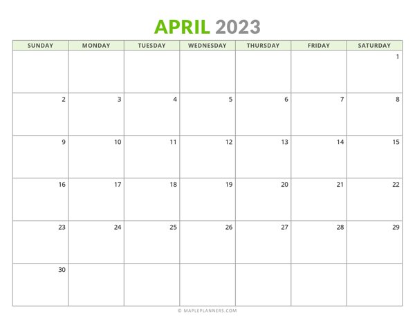 April 2023 Monthly Calendar (Sunday Start)