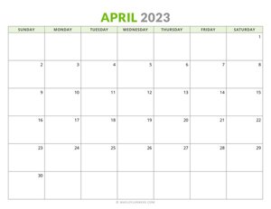 April 2023 Monthly Calendar (Sunday Start)