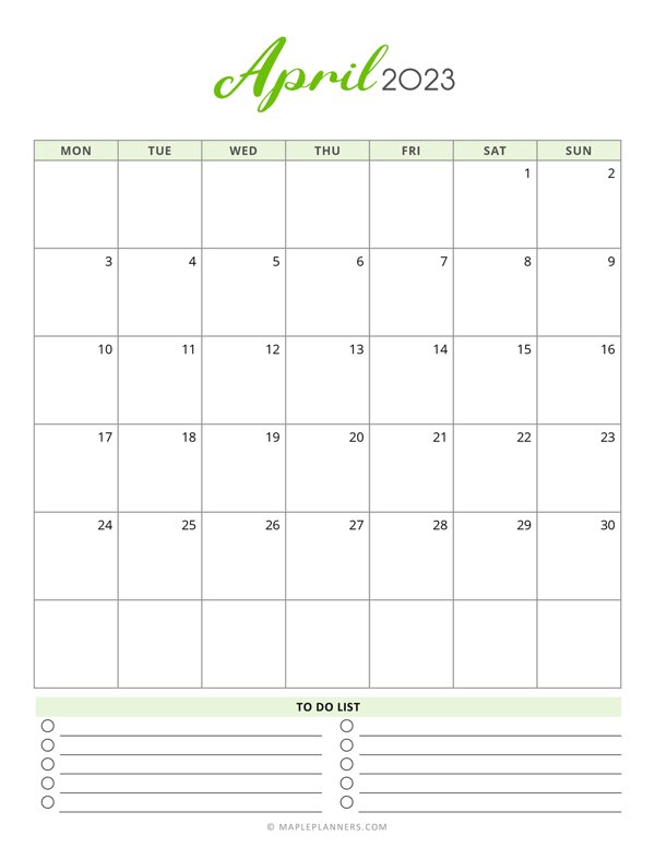 April 2023 Monthly Calendar - Monday Start