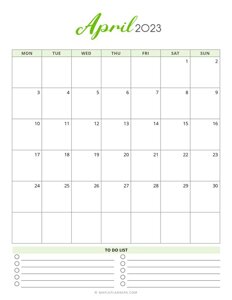 April 2023 Monthly Calendar - Monday Start
