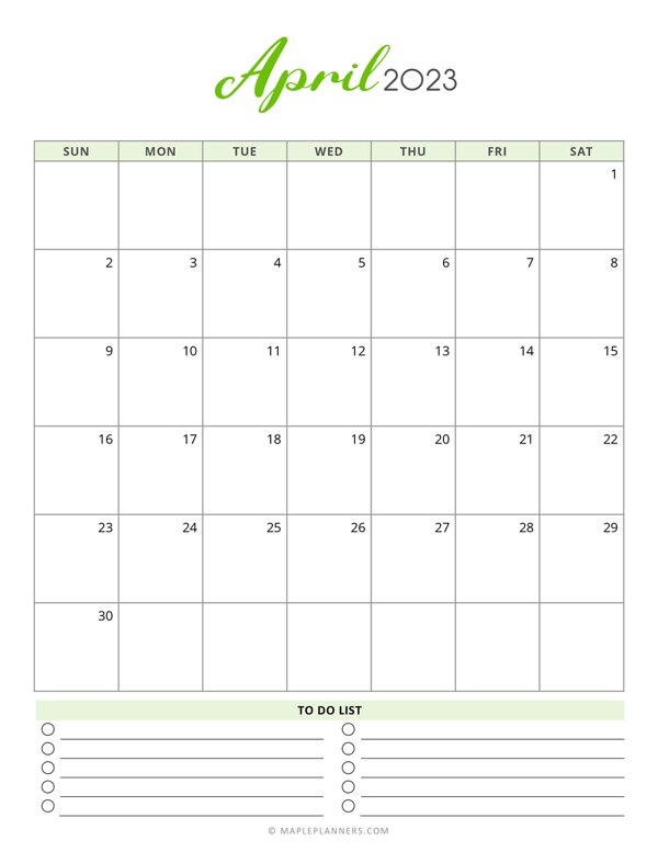 April 2023 Monthly Calendar - Vertical