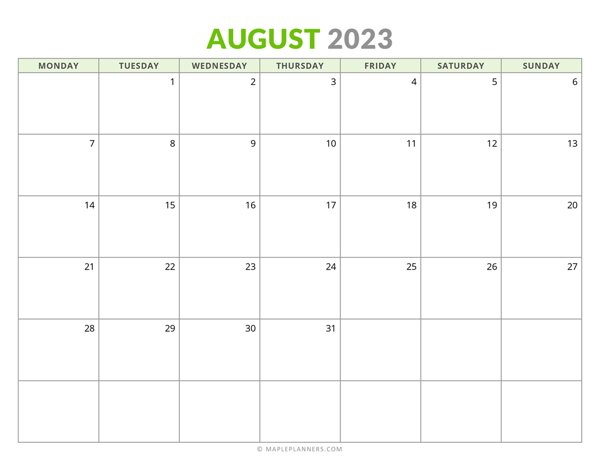 August 2023 Monthly Calendar (Monday Start)