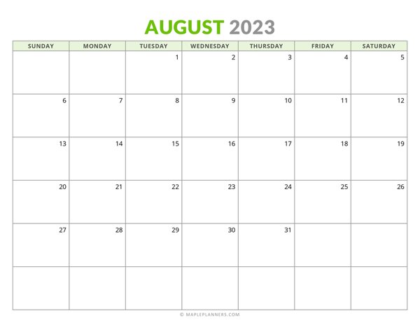 August 2023 Monthly Calendar (Sunday Start)