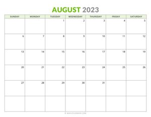 August 2023 Monthly Calendar (Sunday Start)
