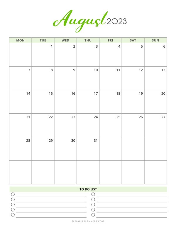 Free Printable August 2023 Monthly Calendar - Monday Start
