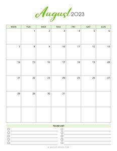 August 2023 Monthly Calendar - Monday Start