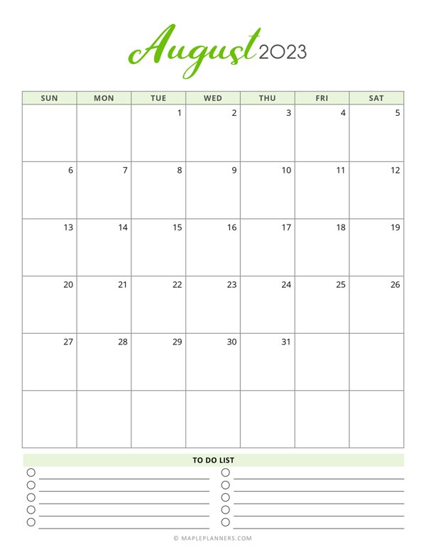 August 2023 Monthly Calendar - Vertical