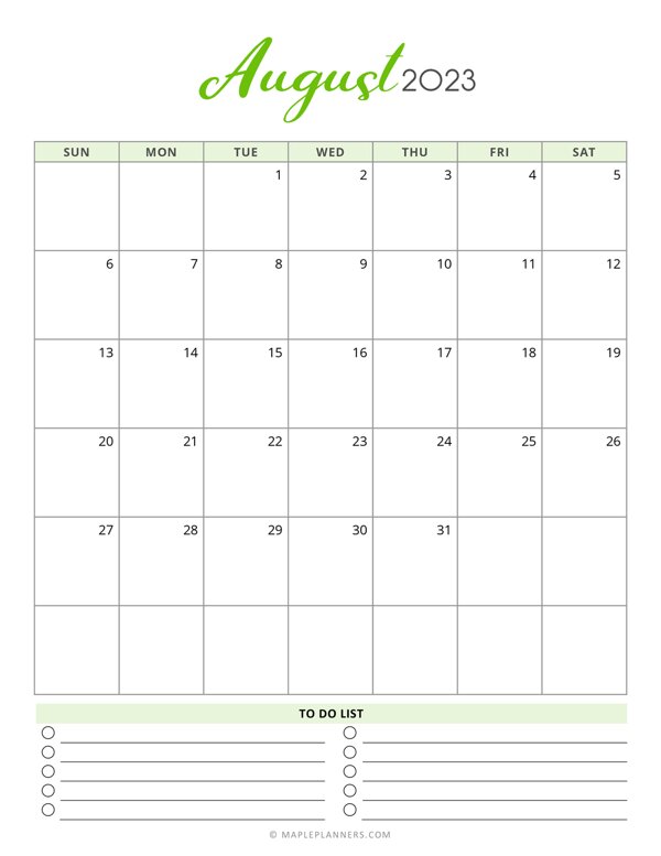 August 2023 Monthly Calendar - Vertical
