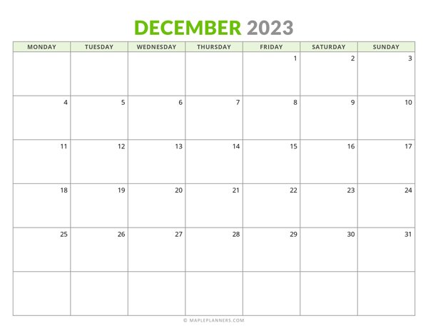 December 2023 Monthly Calendar (Monday Start)