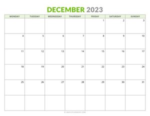 December 2023 Monthly Calendar (Monday Start)