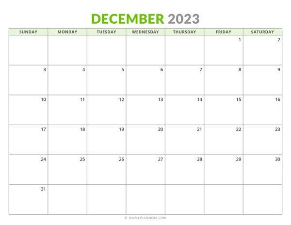 December 2023 Monthly Calendar (Sunday Start)