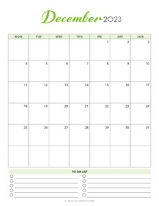 December 2023 Monthly Calendar - Monday Start