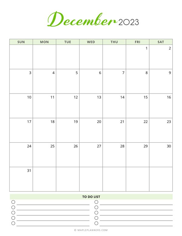 December 2023 Monthly Calendar - Vertical
