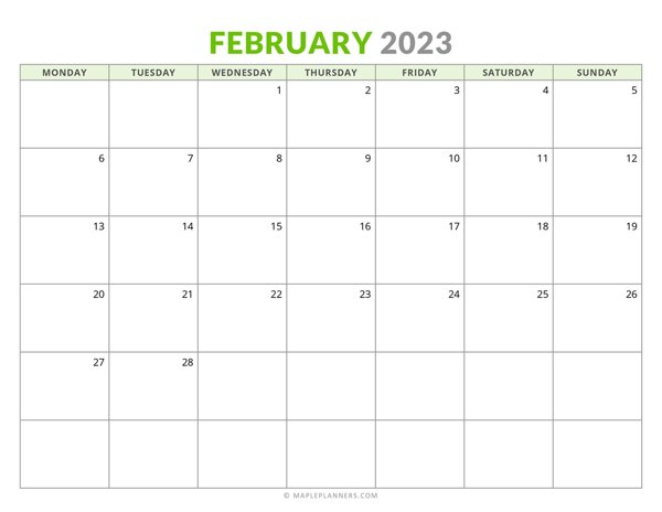 February 2023 Monthly Calendar (Monday Start)