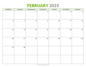 February 2023 Monthly Calendar (Monday Start)