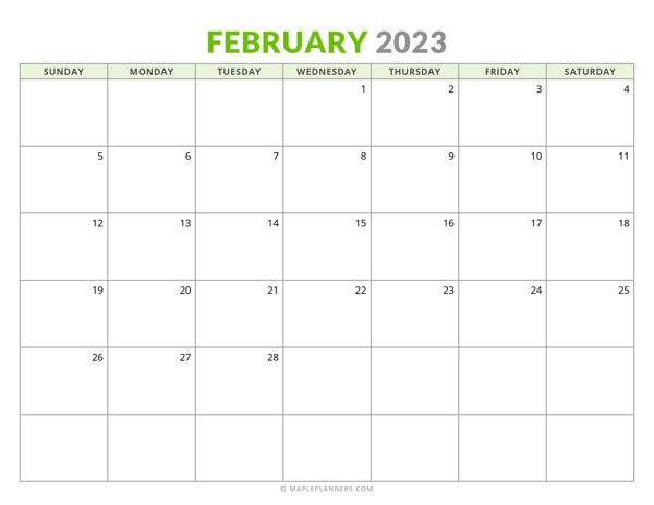 February 2023 Monthly Calendar (Sunday Start)