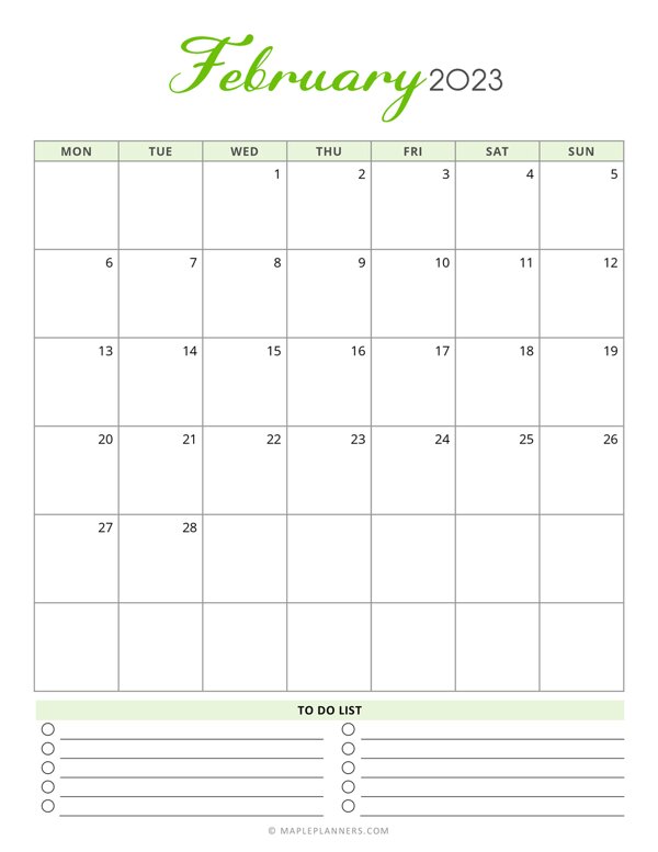 February 2023 Monthly Calendar - Monday Start