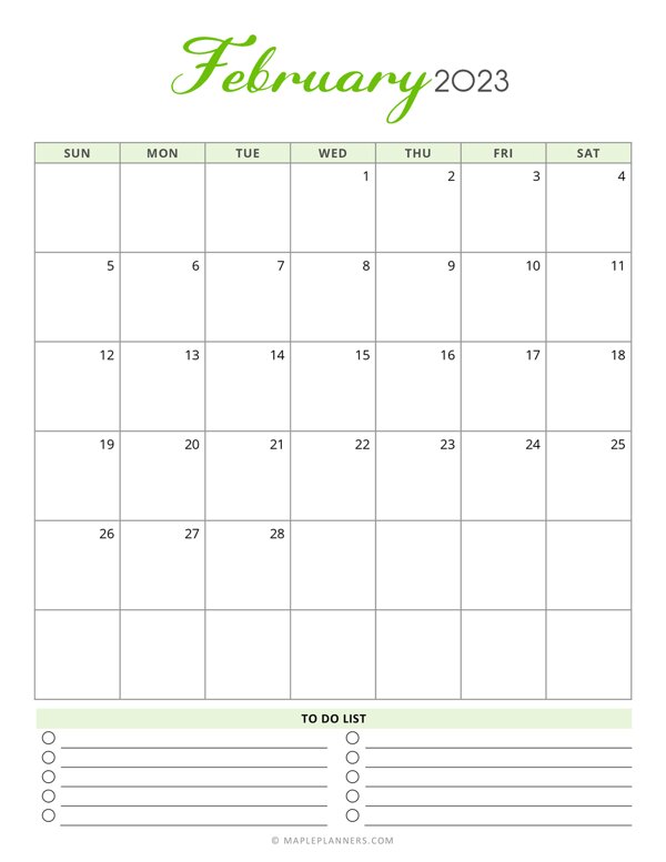 February 2023 Monthly Calendar - Vertical
