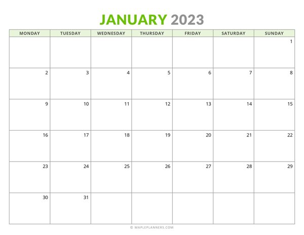 January 2023 Monthly Calendar (Monday Start)