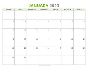 January 2023 Monthly Calendar (Monday Start)