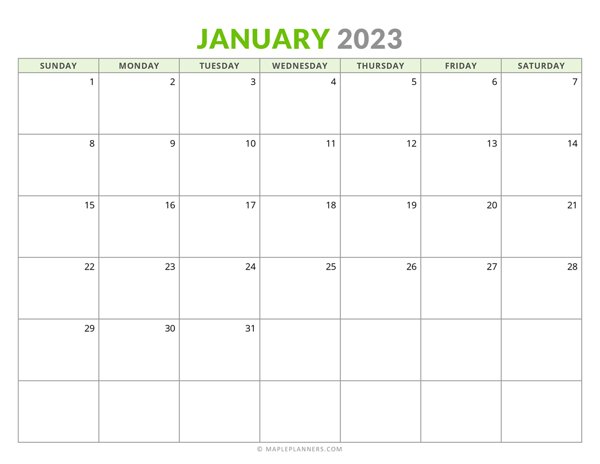 January 2023 Monthly Calendar (Sunday Start)