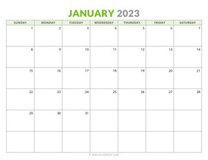 January 2023 Monthly Calendar (Sunday Start)