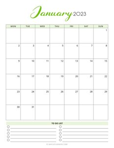 January 2023 Monthly Calendar - Monday Start