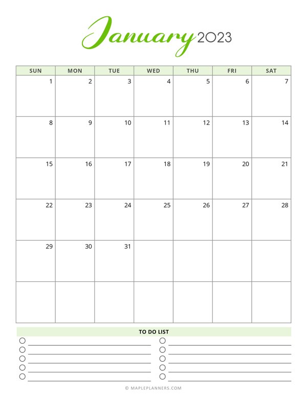 January 2023 Monthly Calendar - Vertical