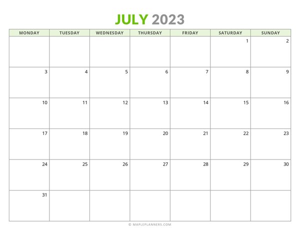 July 2023 Monthly Calendar (Monday Start)
