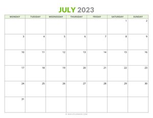 July 2023 Monthly Calendar (Monday Start)