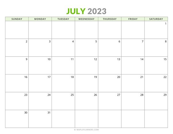 July 2023 Monthly Calendar (Sunday Start)