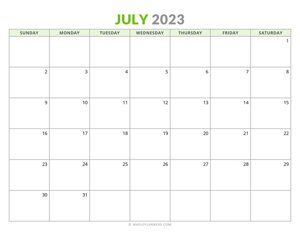 July 2023 Monthly Calendar (Sunday Start)