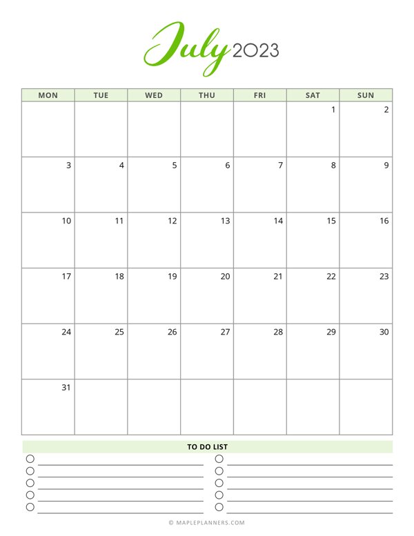 July 2023 Monthly Calendar - Monday Start