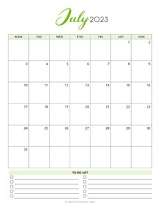 July 2023 Monthly Calendar - Monday Start