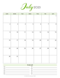 July 2023 Monthly Calendar - Vertical