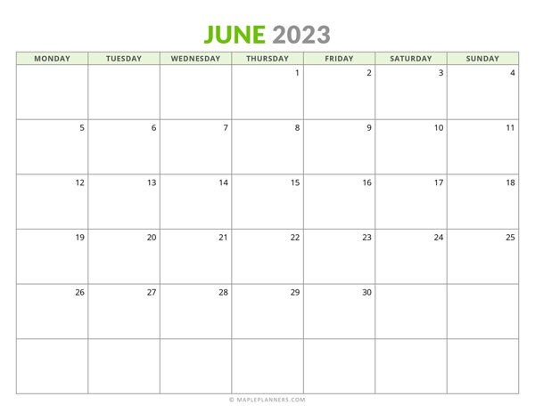 June 2023 Monthly Calendar (Monday Start)