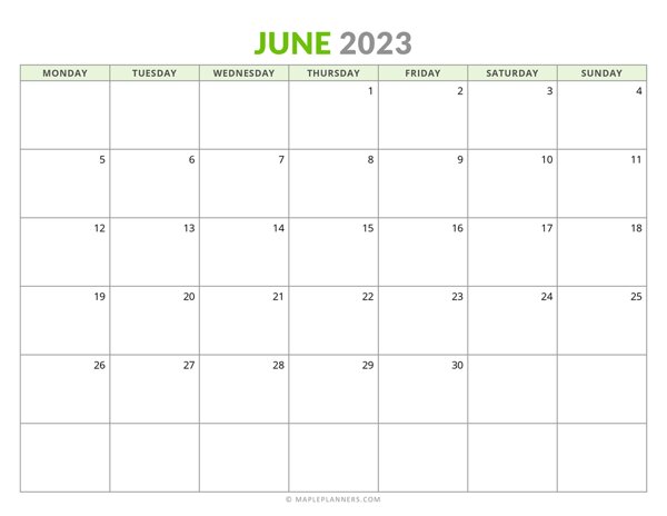 June 2023 Monthly Calendar (Monday Start)
