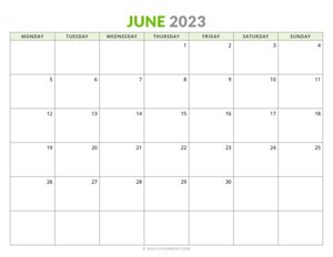 June 2023 Monthly Calendar (Monday Start)