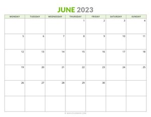 June 2023 Monthly Calendar (Monday Start)