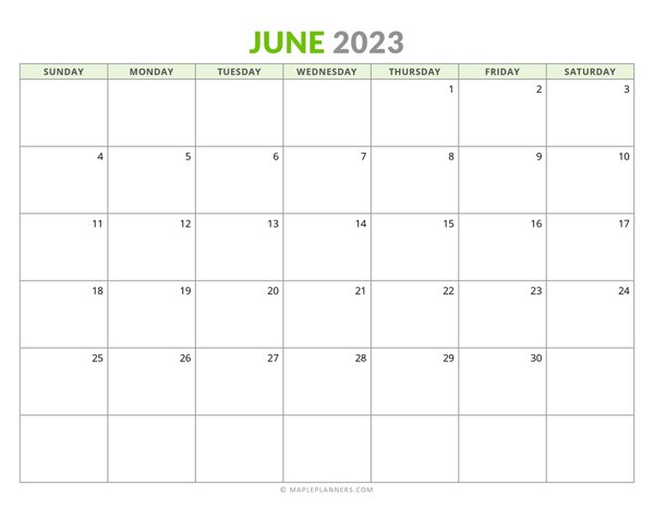 June 2023 Monthly Calendar (Sunday Start)