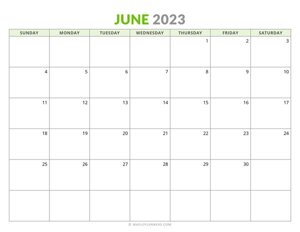 June 2023 Monthly Calendar (Sunday Start)